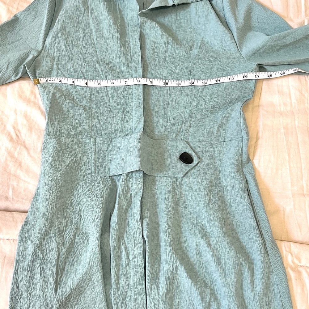 Contemporary Seafoam Collared Popover Dress Side Slits Pockets Long Sleeve Size - Picture 7 of 10